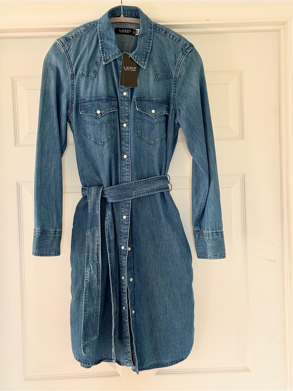 Lauren Ralph Lauren Storm Blue Denim Long Sleeve Shirt Dress with Waist Tie NWT